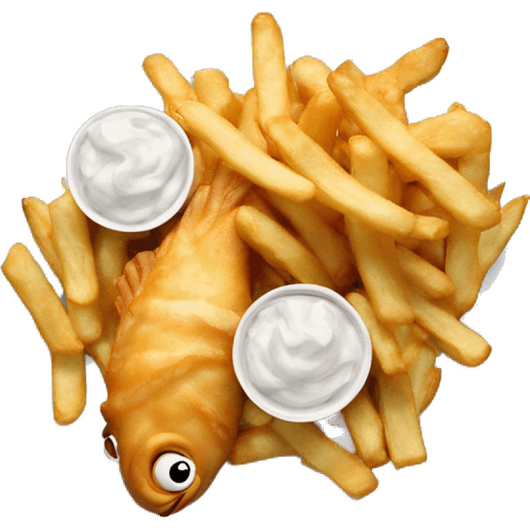 fish and chips on the plate. the ketcups are on the middle of the plate emoji