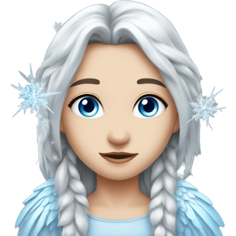 big wings, silver, feather, icy ,snowflake, Beautiful, fairy, long hair, blue eyes emoji