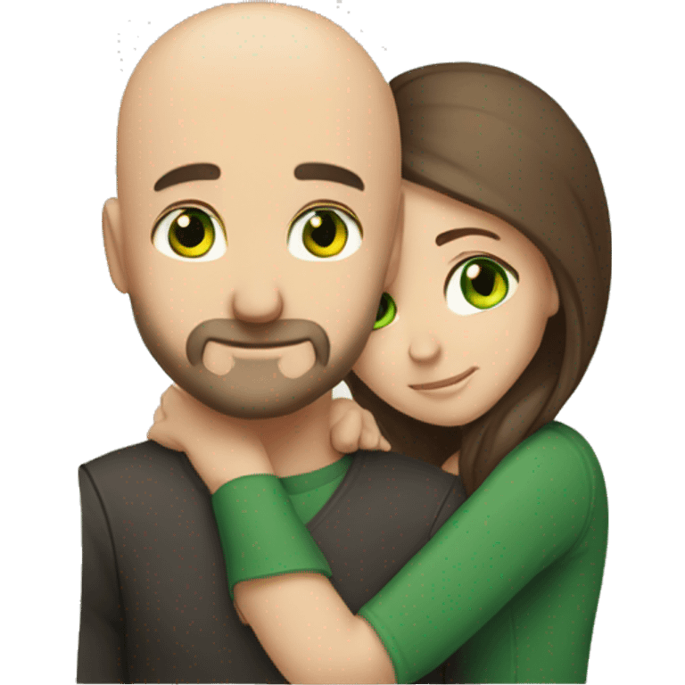 Intimate hug bald man beard green eyes long dark hair woman emoji