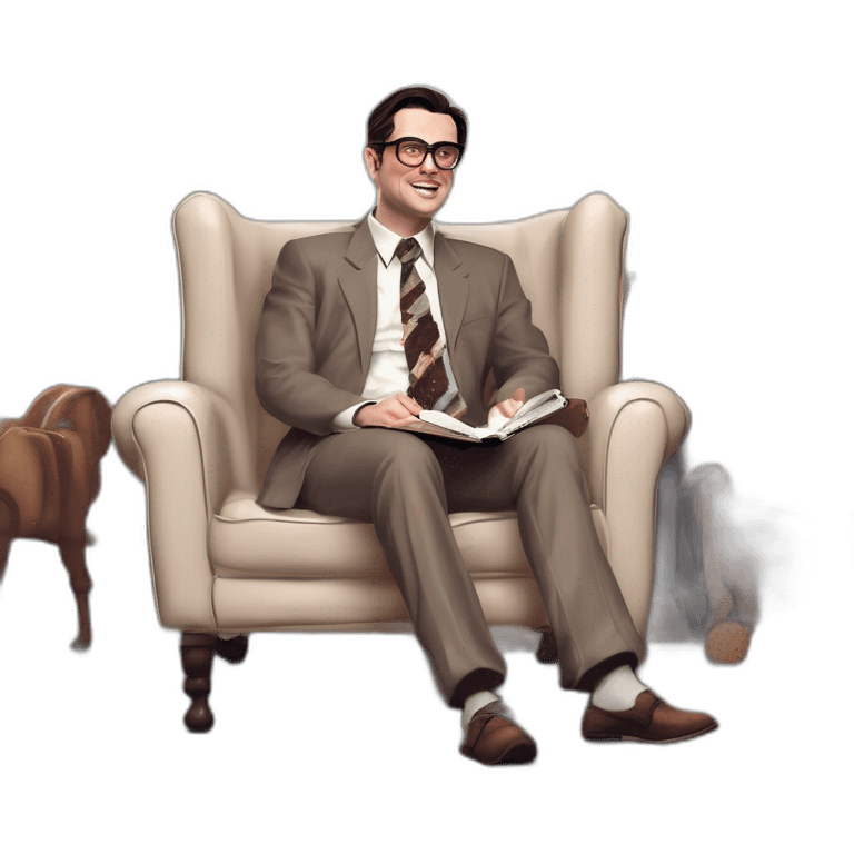 demonstrating his tongue Pale skinned Fit Man With dark brown hair in gray jacket, beige office shirt, Brown pants and vintage glasses sitting In a soft chair with a notebook and a pen emoji