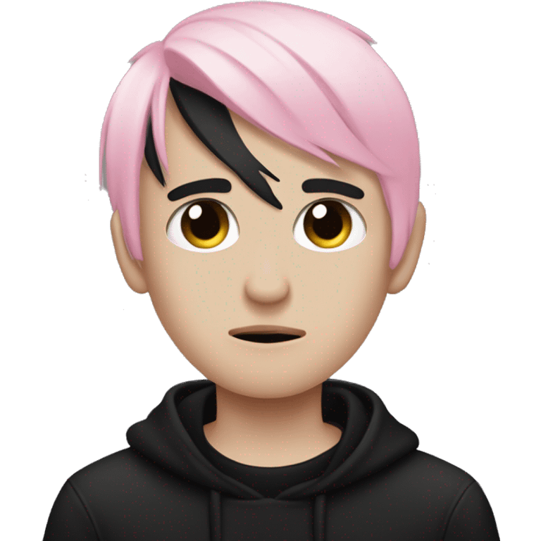 Create an emoji of an emo guy with split-dyed hair (one side pastel pink, the other side black), wearing black clothes and a subtle sad expression, inspired by the style of Lil Peep. emoji