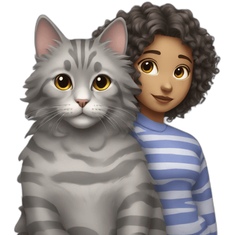 Grey cat with stripes sit near a girl with curly hair emoji