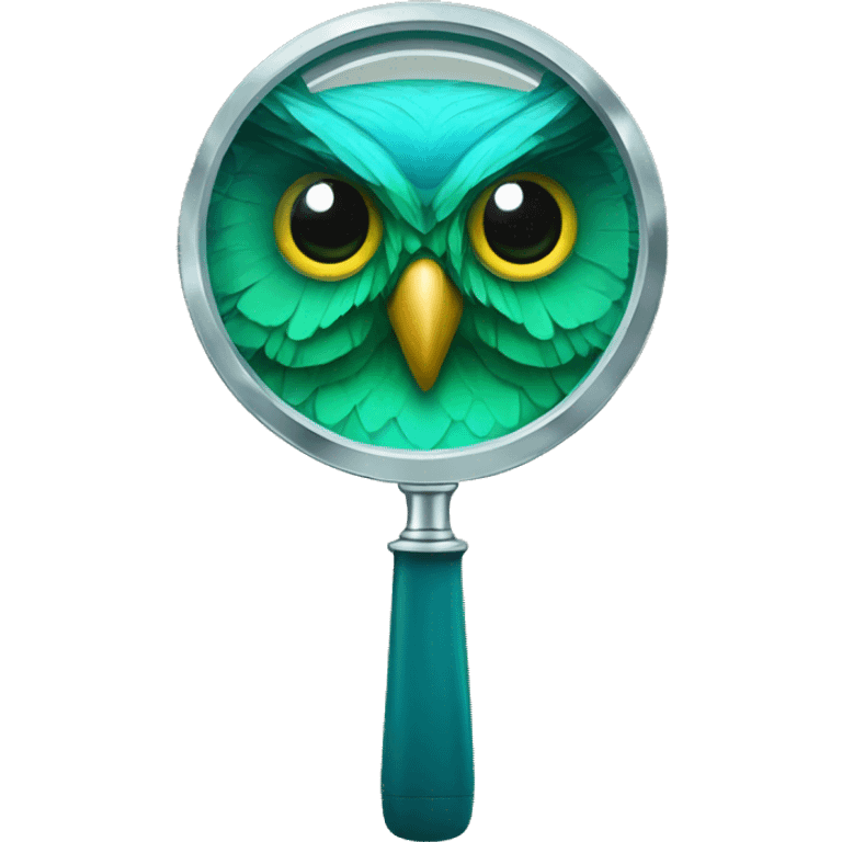 magnifying glass with blue green owl head emoji