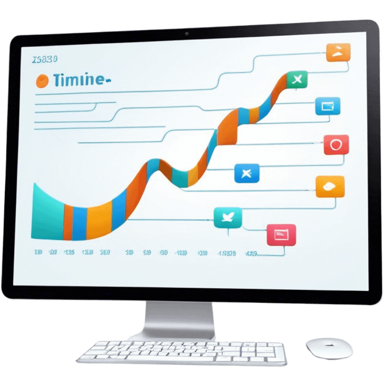 Animation and motion design. A computer screen with an animation timeline, moving frames. Display a cartoon or animated scene on the screen. Include motion design elements like flowing lines, curves, or rotating objects. Modern, creative colors. No emojis or smiley faces. Transparent background. emoji