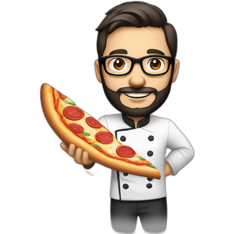 30 years old chef with beard and smooth short dark hair and big glasses proudly holding a pizza emoji