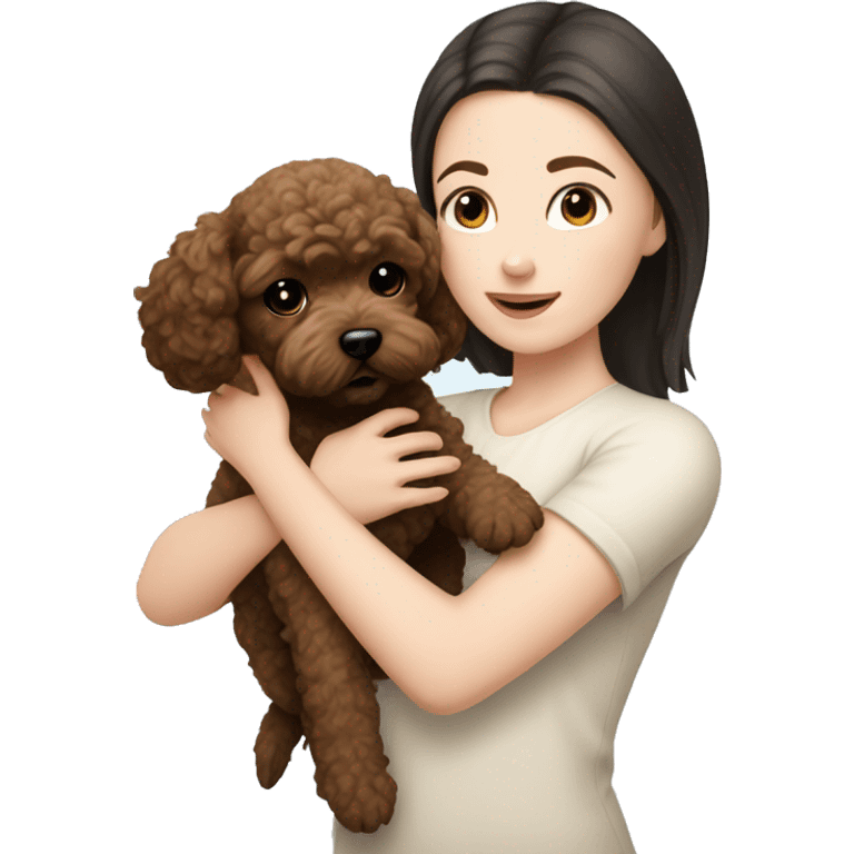 pale white girl with black hair holding brown bichpoo puppy emoji