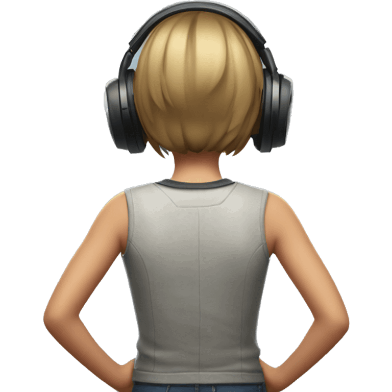 a girl with short hair winning a VR game facing the wall and showing her back emoji