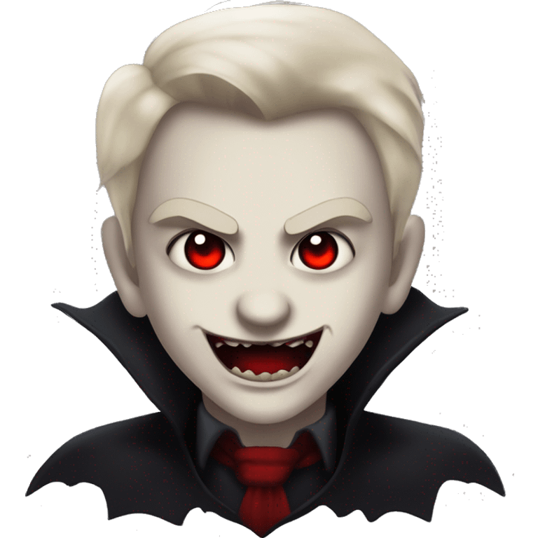 “A pale face with glowing red eyes, a sharp fanged smirk, and dark shadows around the face. It has a tattered black collar and a gothic, grungy vibe with hints of crimson for a vampire aesthetic.” emoji