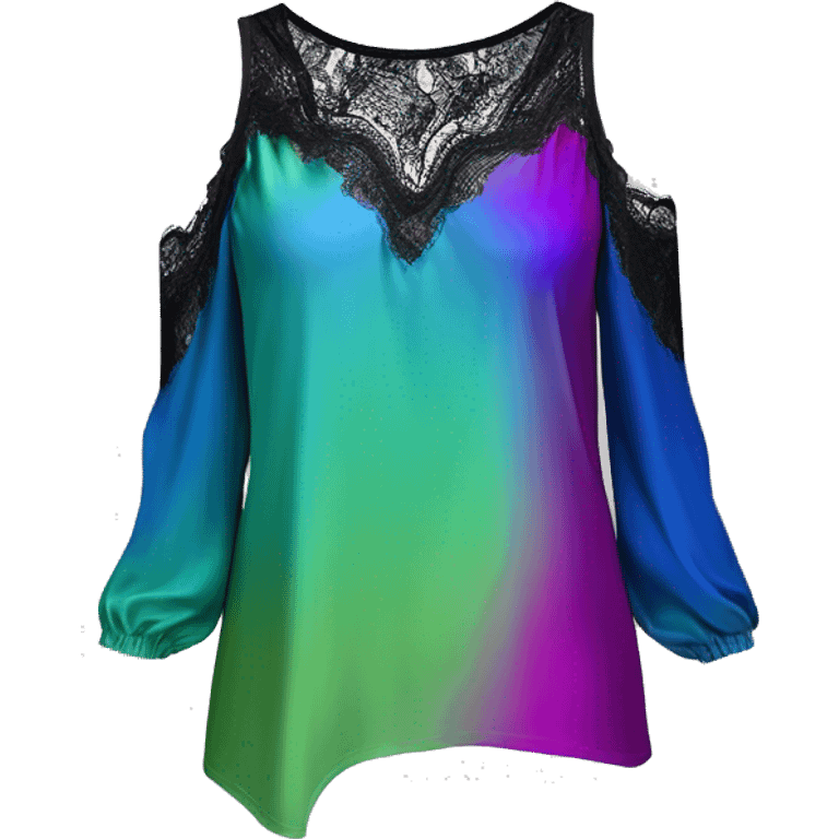 Realistic isolated side view of a metallic cobalt blue,magenta,and pistachio green ombre low cut cold shoulder blouse with long black lace sleeves. emoji