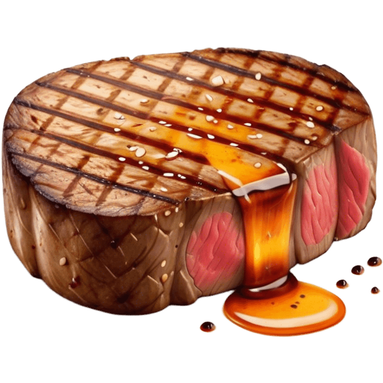 Cinematic thick-cut scotch fillet steak, perfectly seared with grill marks, a grilled center, rich and savory, warm glow, sizzling and mouthwatering, highly detailed and appetizing. emoji