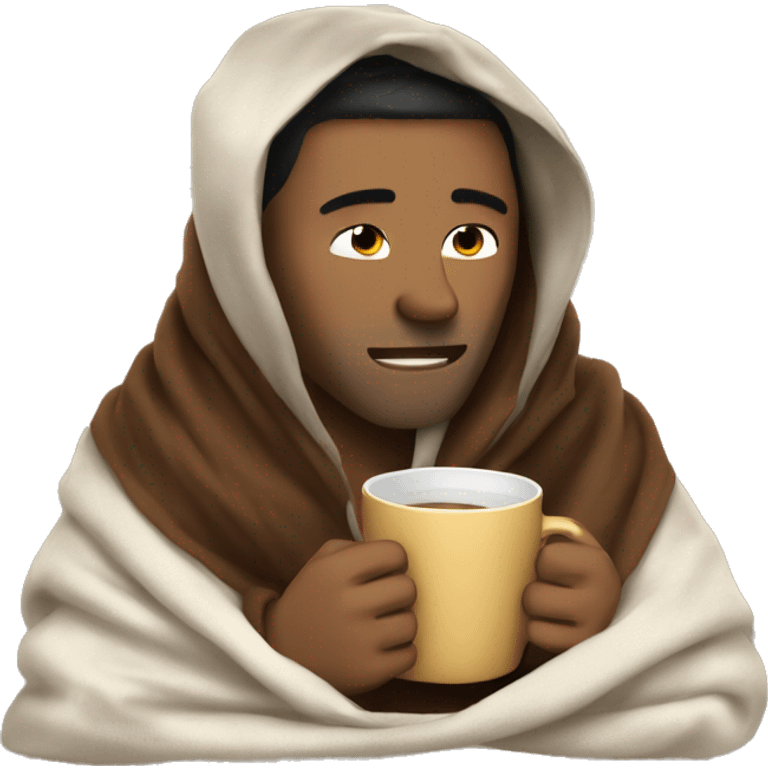 Guy inside a blanket sipping coffee eyes closed emoji