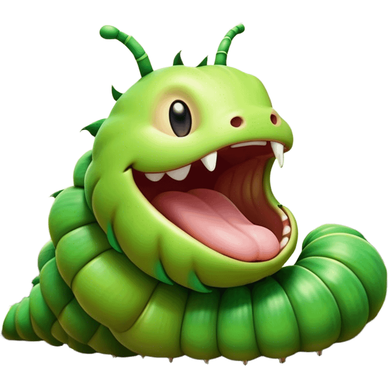 Cinematic Realistic Cute Yawning Caterpillar Portrait Emoji, Head tilted slightly with a dramatic, wide-open yawn, showcasing a soft, downy segmented body in vivid green with subtle drooping and half-closed, drowsy eyes, rendered with intricate natural texture and gentle shadows, high shine, relaxed yet expressive, styled with a dash of woodland charm, soft glowing outline, capturing the essence of a sleepy yet affectionate caterpillar that appears ready to stretch out and rest among the leaves! emoji