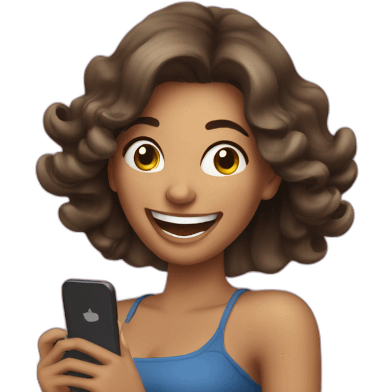 beautiful woman laughing while looking at her cell phone emoji