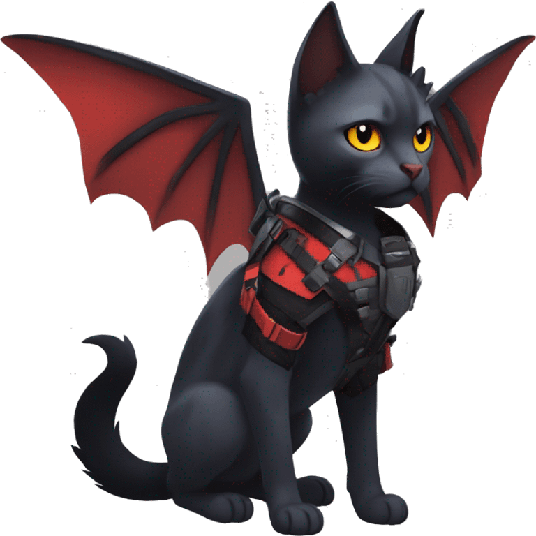 Cool Edgy Ethereal Litten-Nargacuga-Cat with black bat-wing-ears with a red harness full body emoji