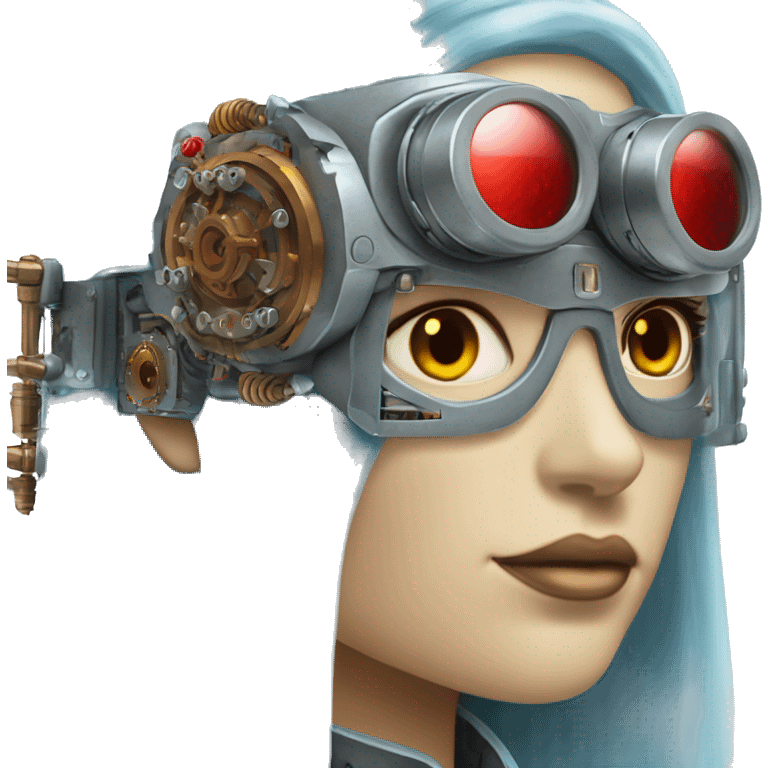 Light blue long hair female cyborg head with red steampunk goggles and circuits emoji