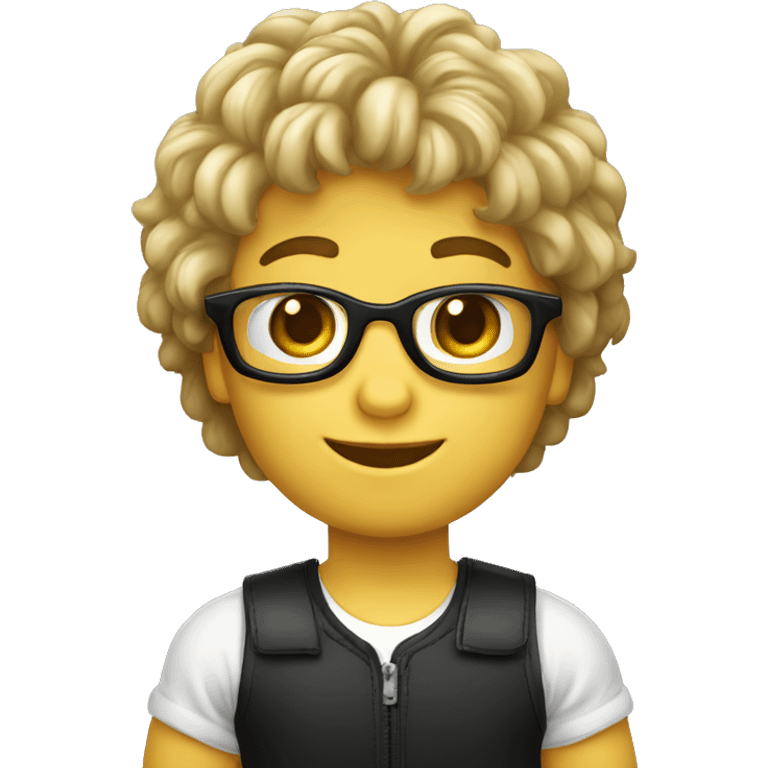 Niño blanco con pelo negro rizado largo y gafas emoji