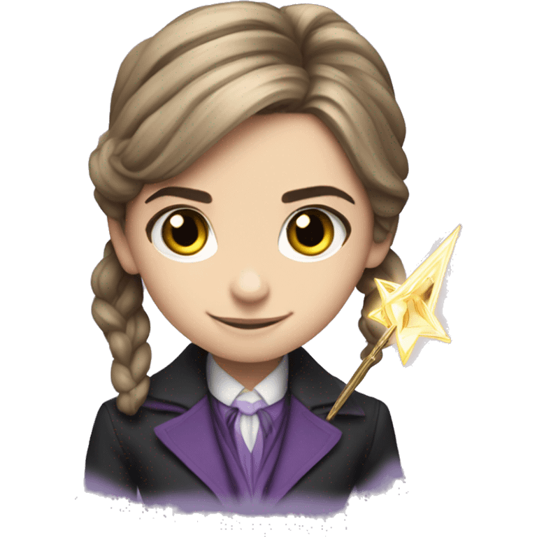 Emma Watson violet suit as Minister of Magic with her wand emoji