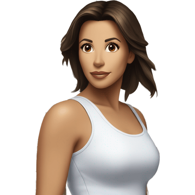 3/4 face, contrasted, shadow, light, Eva Longoria expression, standing from a distance, thin nose, brunette woman, hazel eyes, long eyelashes, dark shoulder shaded hair, white t-shirt, jeans, white sneakers emoji