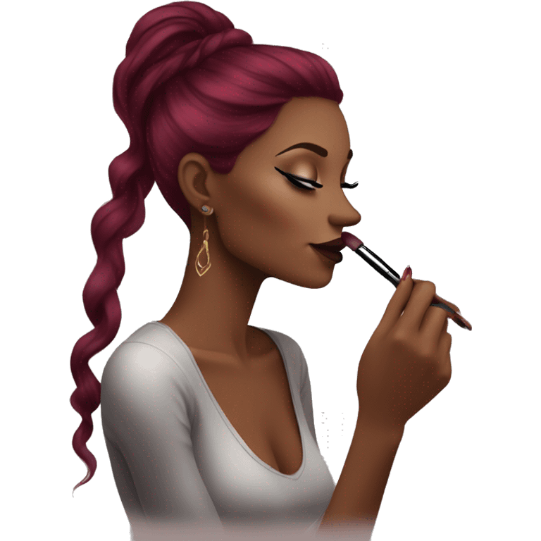 Beautiful tattooed burgundy long haired woman doing her makeup emoji