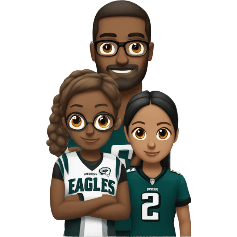 Brown guy with no glasses with a beard and mustache holding a brown girl wearing glasses and hair in a bun wearing Philadelphia eagles clothing emoji