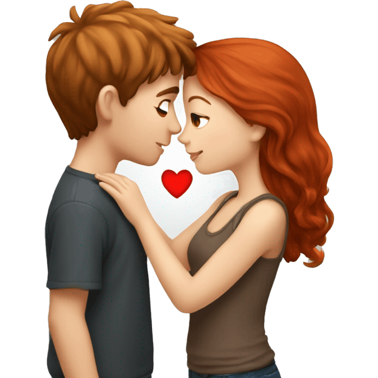 Brown haired girl kissing red headed boy with hearts emoji