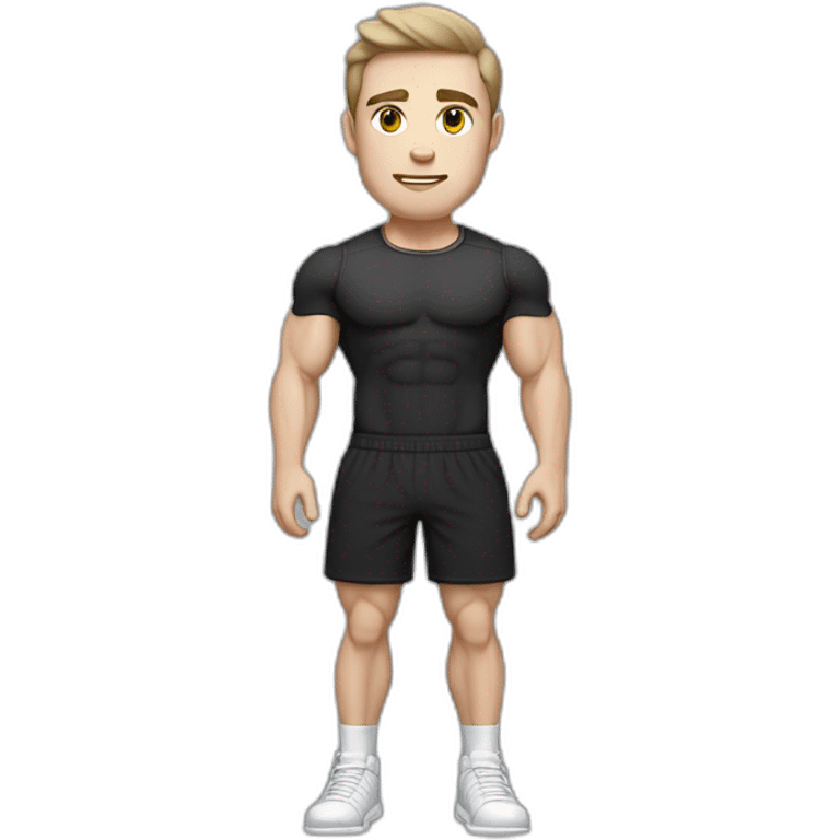 Pale skinned Fit Man With the biceps and dark brown hair in black shirt, gray sports shorts and white Sneakers emoji