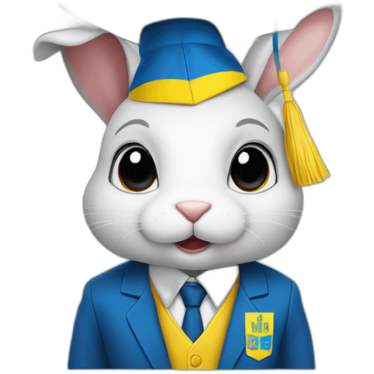 A rabbit student in a suit in the color of the Ukrainian flag in a square academic cap emoji