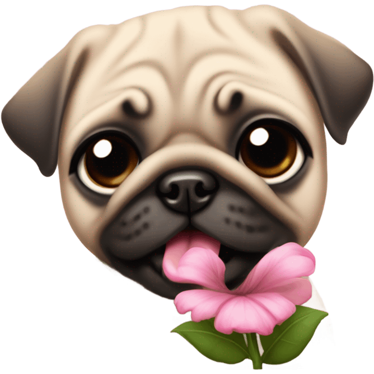 Baby pug playing with a flower pink eyes  emoji