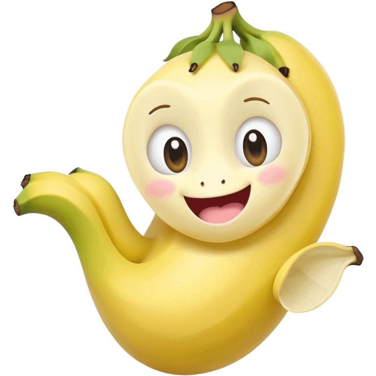 Cute Kawaii Banana, slightly curved, soft pastel yellow, cute giggling face with big round eyes, tiny arms waving happily, a peeled section revealing a smiling expression! emoji