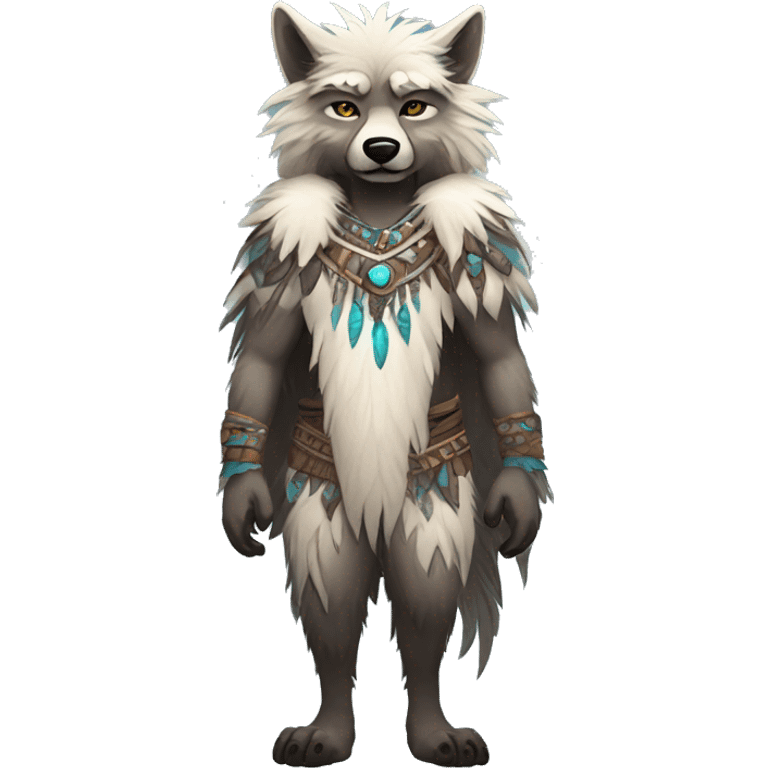 Fluffy Shy Spiritual Shamanic WereWolf With Shiny Tribal Markings wearing feathers Full Body emoji