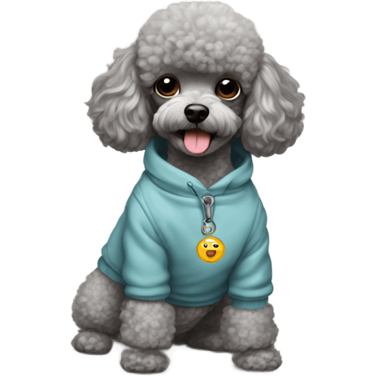 Gray toy poodle with a sweatshirt and the name Louie on his tag emoji