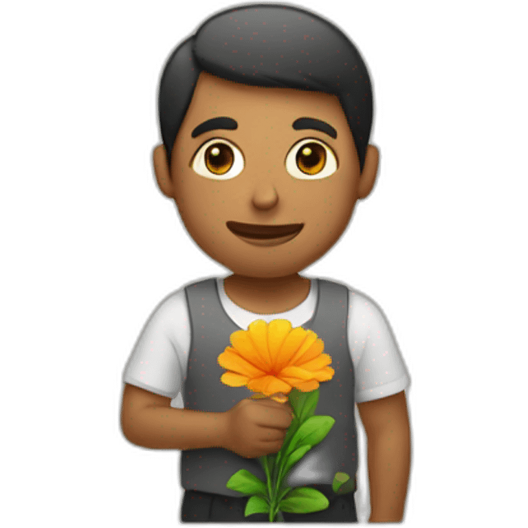 man holding flower behind emoji