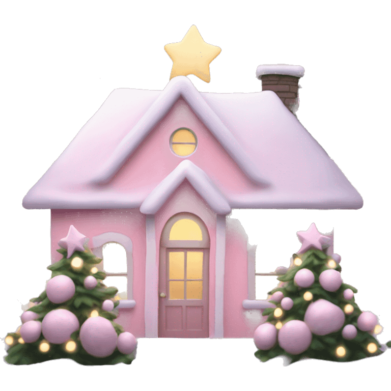 Pastel pink Christmas house with Christmas lights and evergreen trees emoji