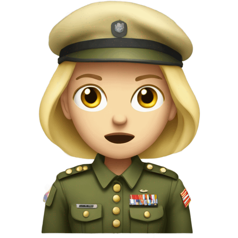 Blonde girl in soldier uniform looking scared emoji