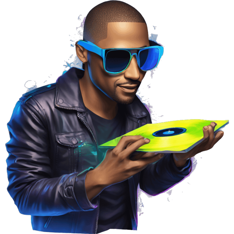 A dj wearing sunglasses playing music holding a cd record record, vinyl, oilslick holographic blacklight inverted graffiti dark dull emoji