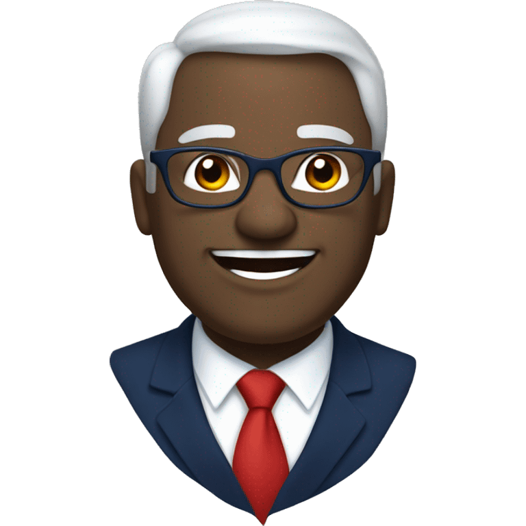 A heavy man, white hair, with glasses, no beard, smiling with teeth, and wearing a navy blue suit and red tie emoji