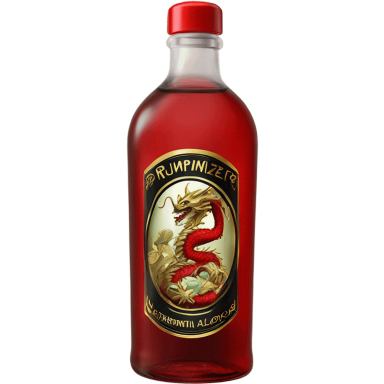 clear bottle of rumpleminze peppermint alcohol with a black and red label that has a gold dragon on the label emoji