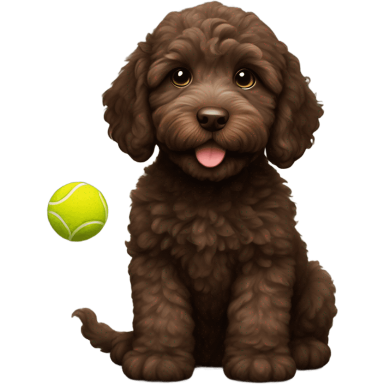 Dark brown Australian labradoodle puppy with tennis ball emoji