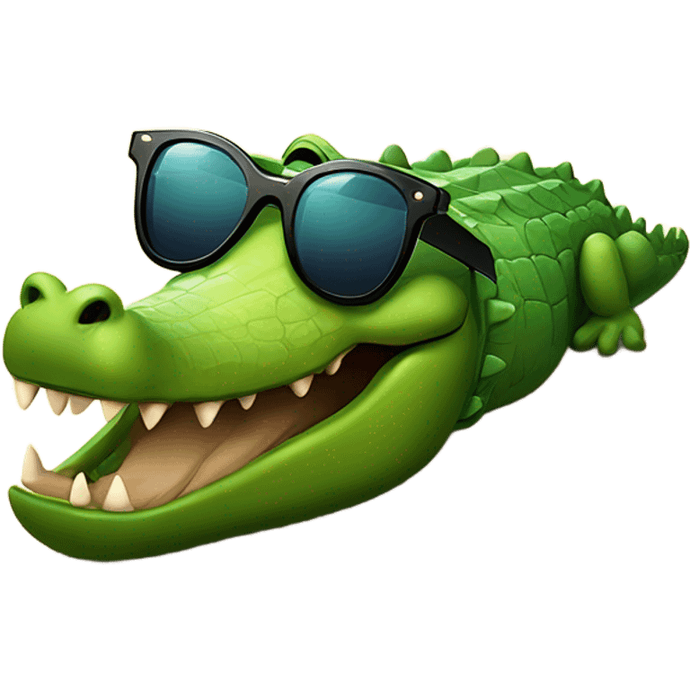 alligator with sunglasses laying on a beach under a palm tree by the ocean emoji