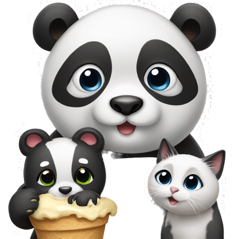 Panda eating icecream with a dog and baby cat on its head emoji