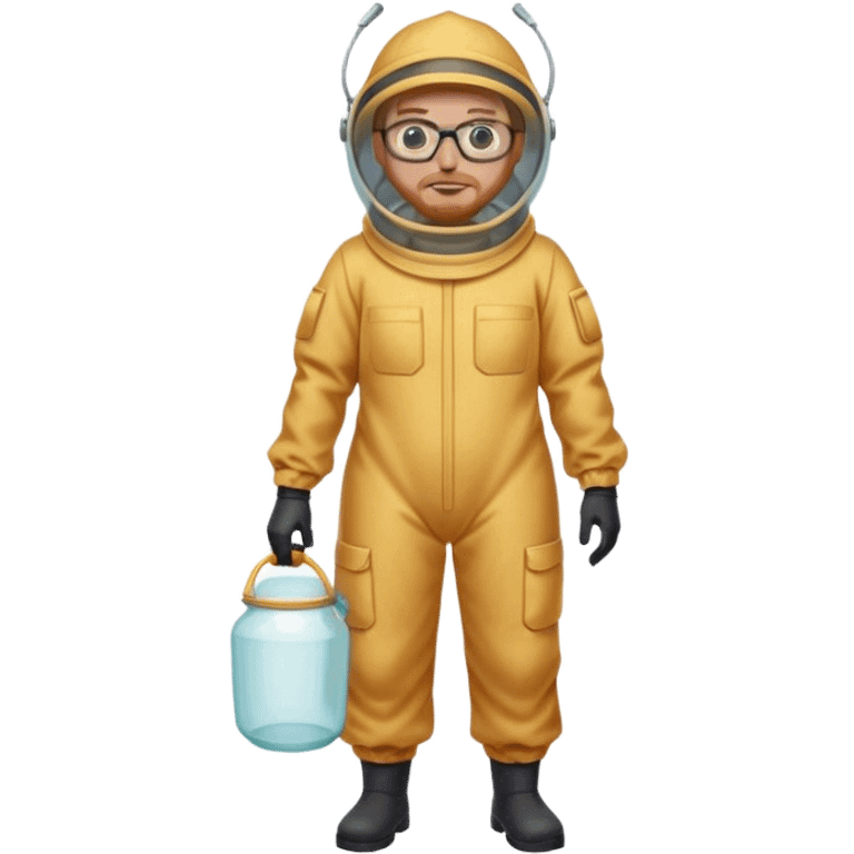 full body medium plus size bee keeper with  short light strawberry blonde hair and goatee wearing glasses  emoji