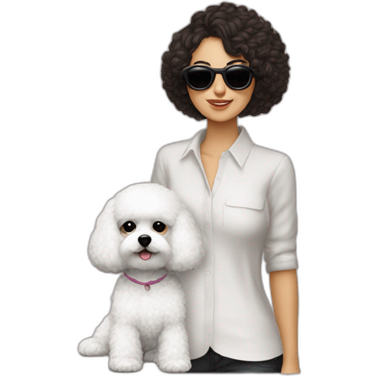 mujer cabello obscuro largo gafas y perro bichon maltés blanco emoji