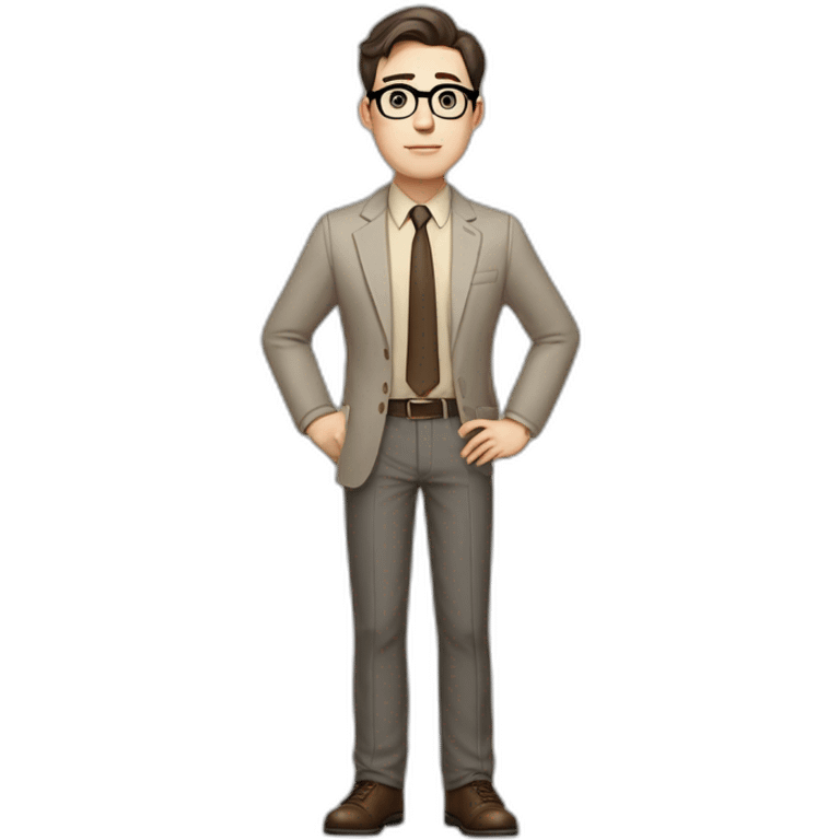 Full height Pale skinned Fit Man With dark brown hair in gray jacket, beige office shirt, tie, Brown pants and vintage glasses. Thrumbs of his palms directed up emoji