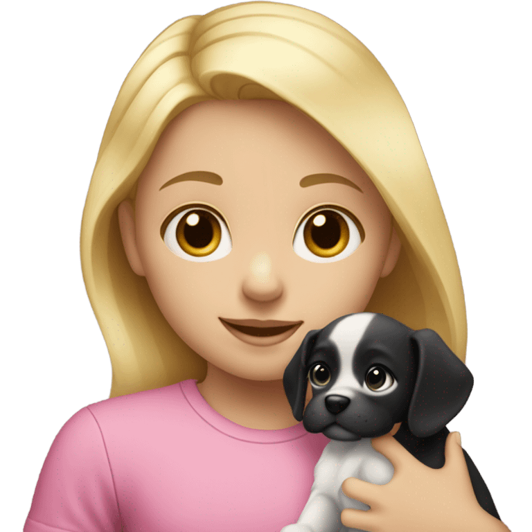 little blonde girl in a pink shirt with a black and white puppy emoji