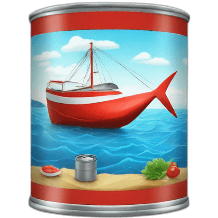 realistic can of tuna fish sowing the shape of a sailling boat on a sea background emoji