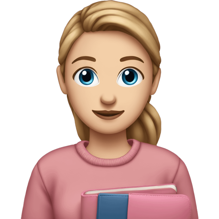 caucasian white IT girl student, holding pink laptop, blue eyes, brown hair ponytail wearing a thick sweater emoji