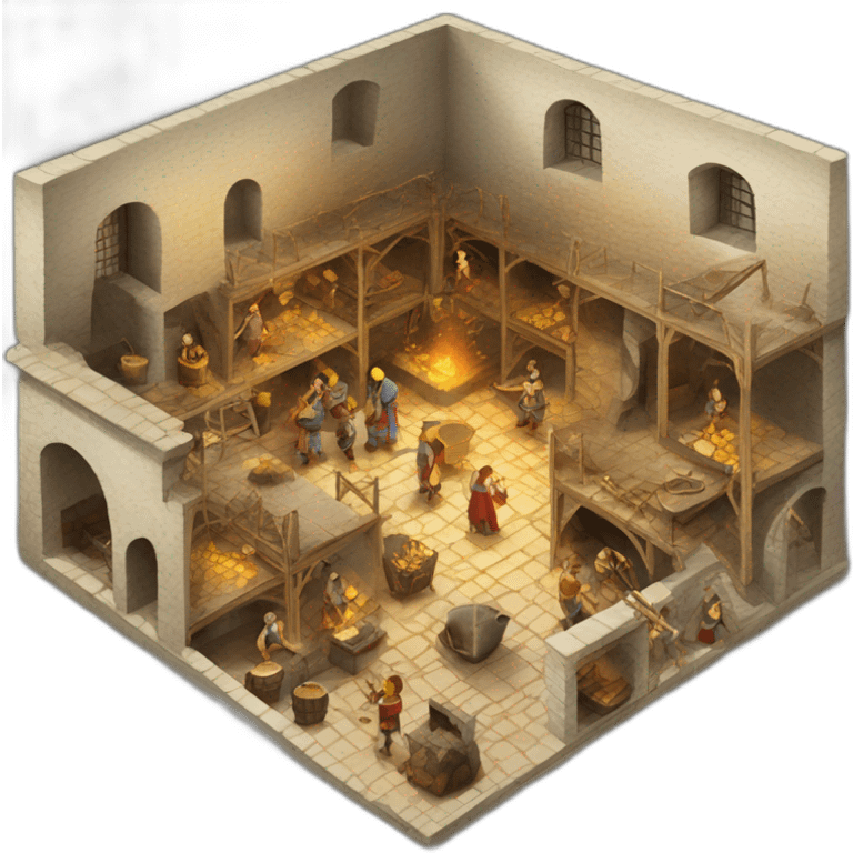 open floor plan of a medieval mint showing different people working, part of it is a furnace, part of it are people making gold coins emoji