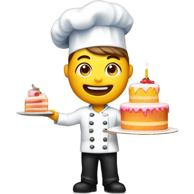 A pastry chef with a bright colored light holds a cake with three tiers in one hand emoji