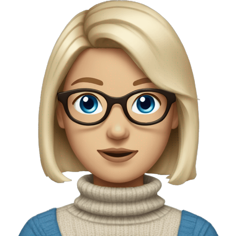 White girl wearing turtleneck with blue eyes, brown bob ends curled, and glasses emoji