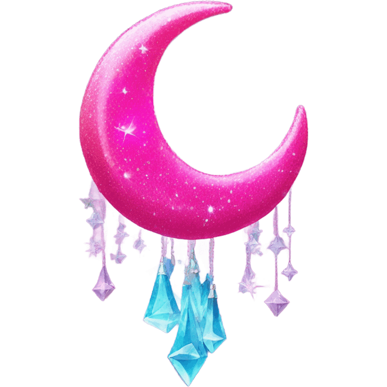 Hot pink crystallized crescent moon with glitter and lights dangling  emoji